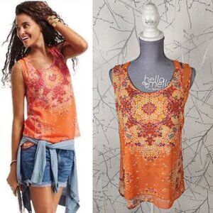 Cabi Orange Floral Print Cutout Shoulder Tank